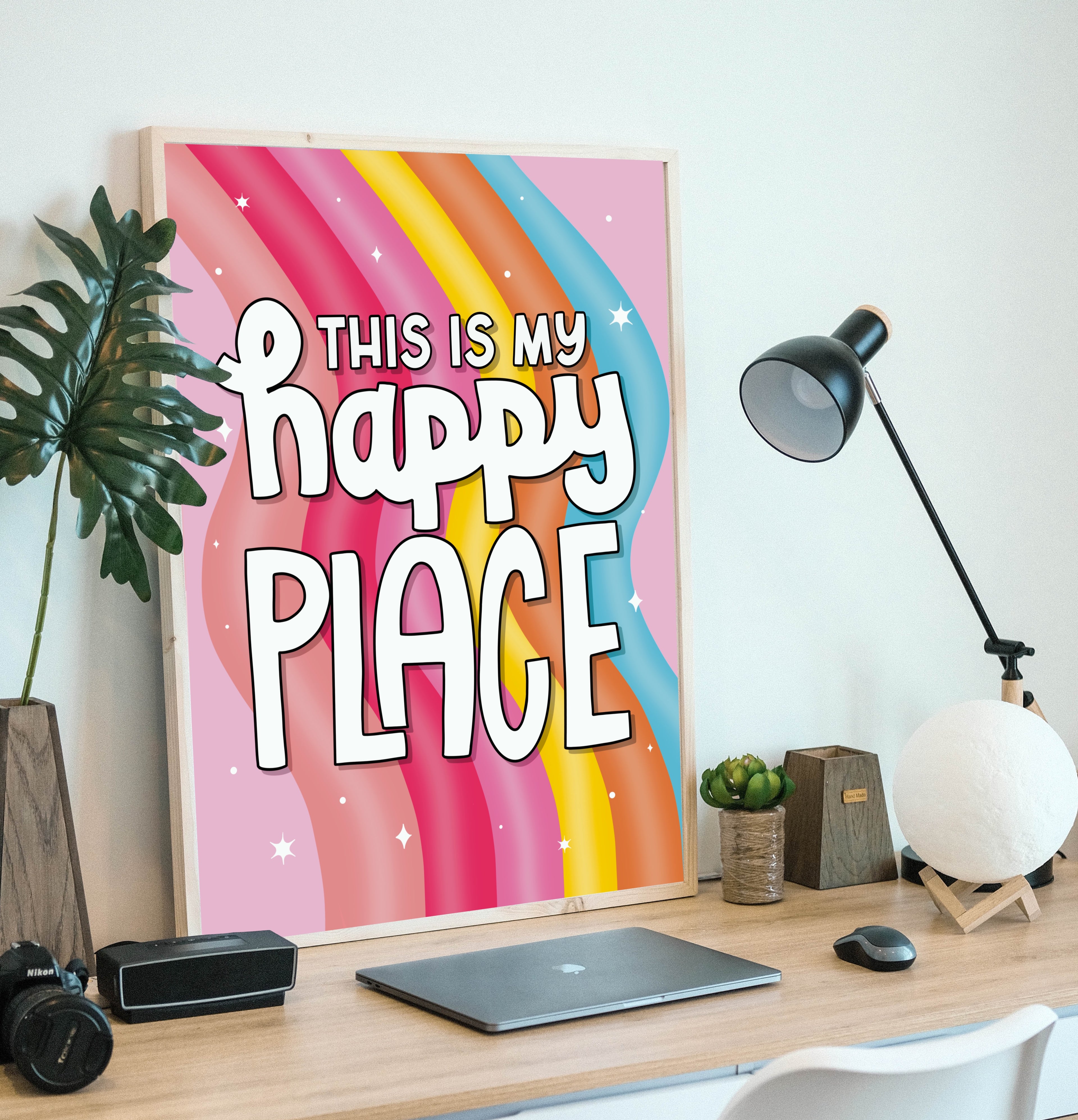 "Framed 'This My Happy Place' Print - Vibrant pink background with playful rainbow waves and the quote 'This My Happy Place' in white. Available in sizes A5 to A3. Free UK delivery."