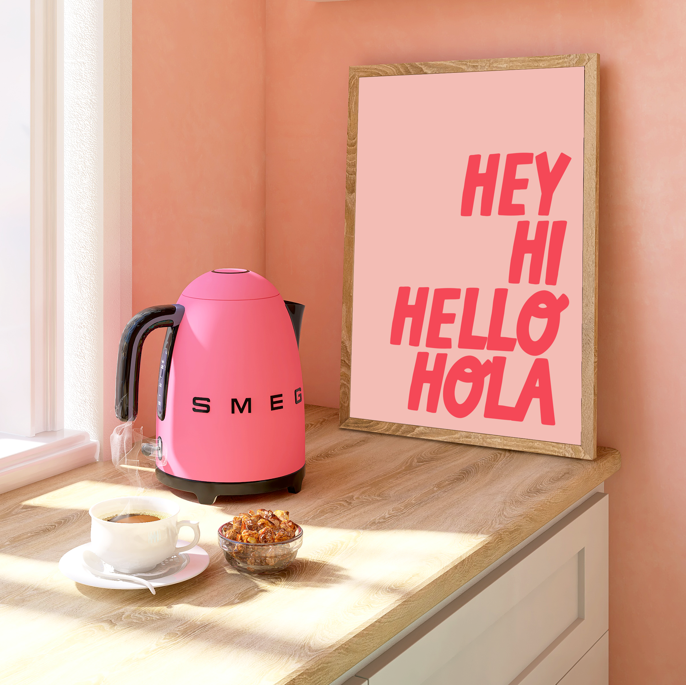 Pastel and Colourful Print with the quote 'Hey, Hi, Hello, Hola!'