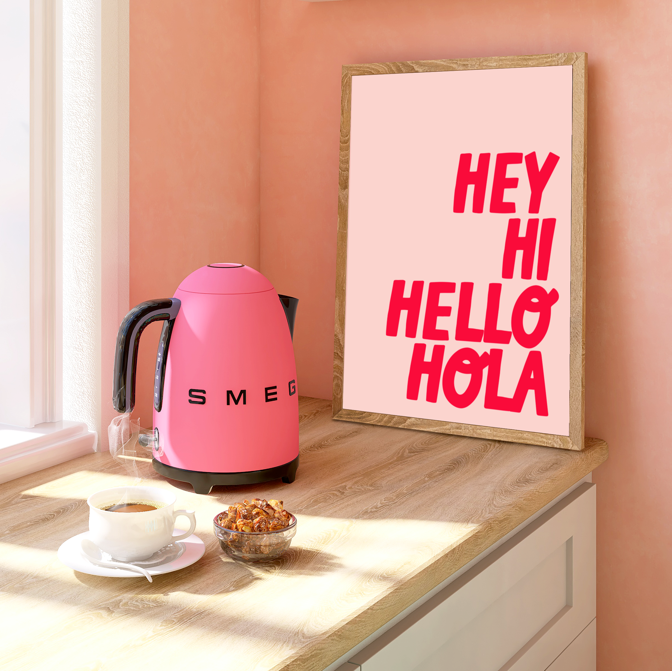 Bold and Colourful Print with the quote 'Hey, Hi, Hello, Hola!'