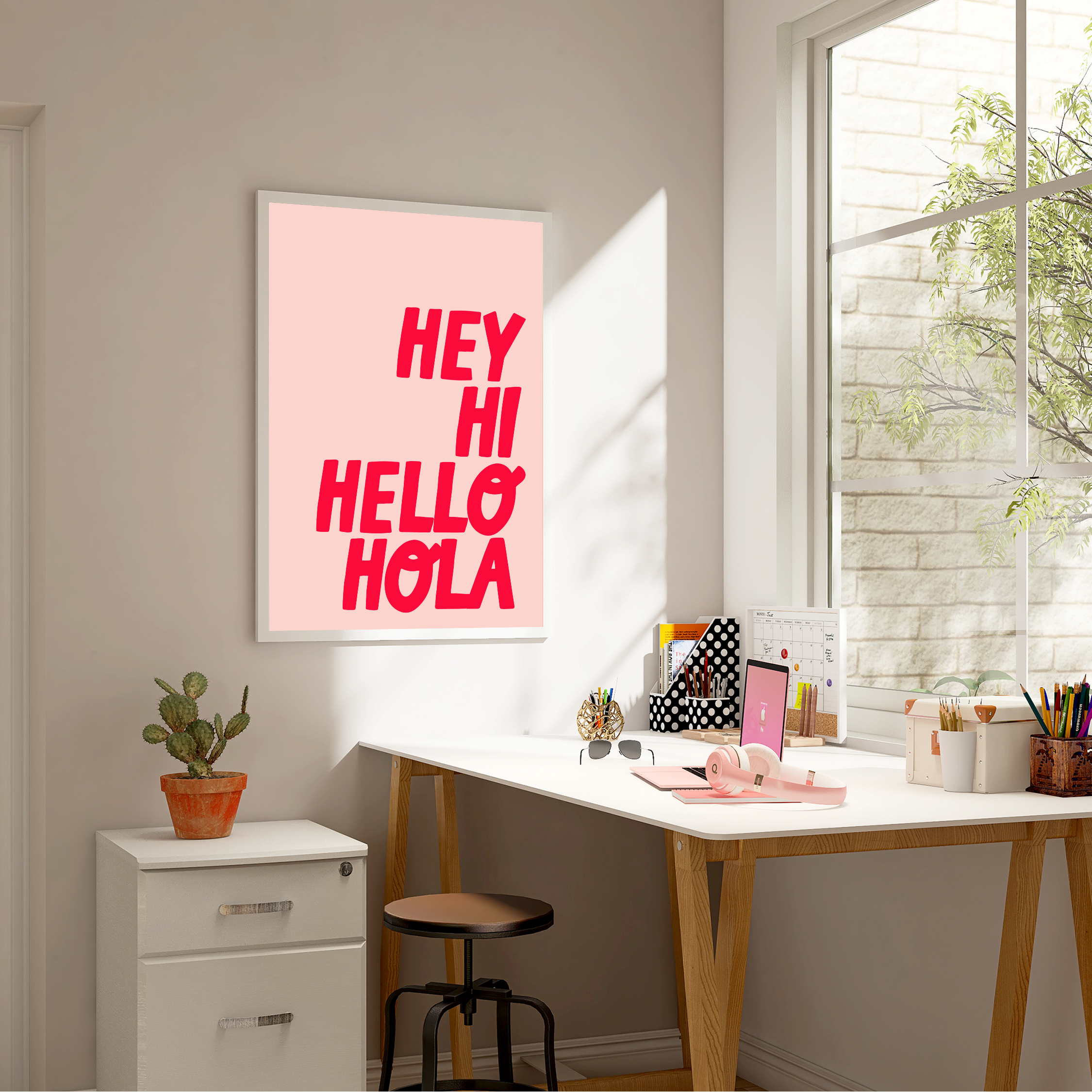 Colourful Print with the quote 'Hey, Hi, Hello, Hola!'