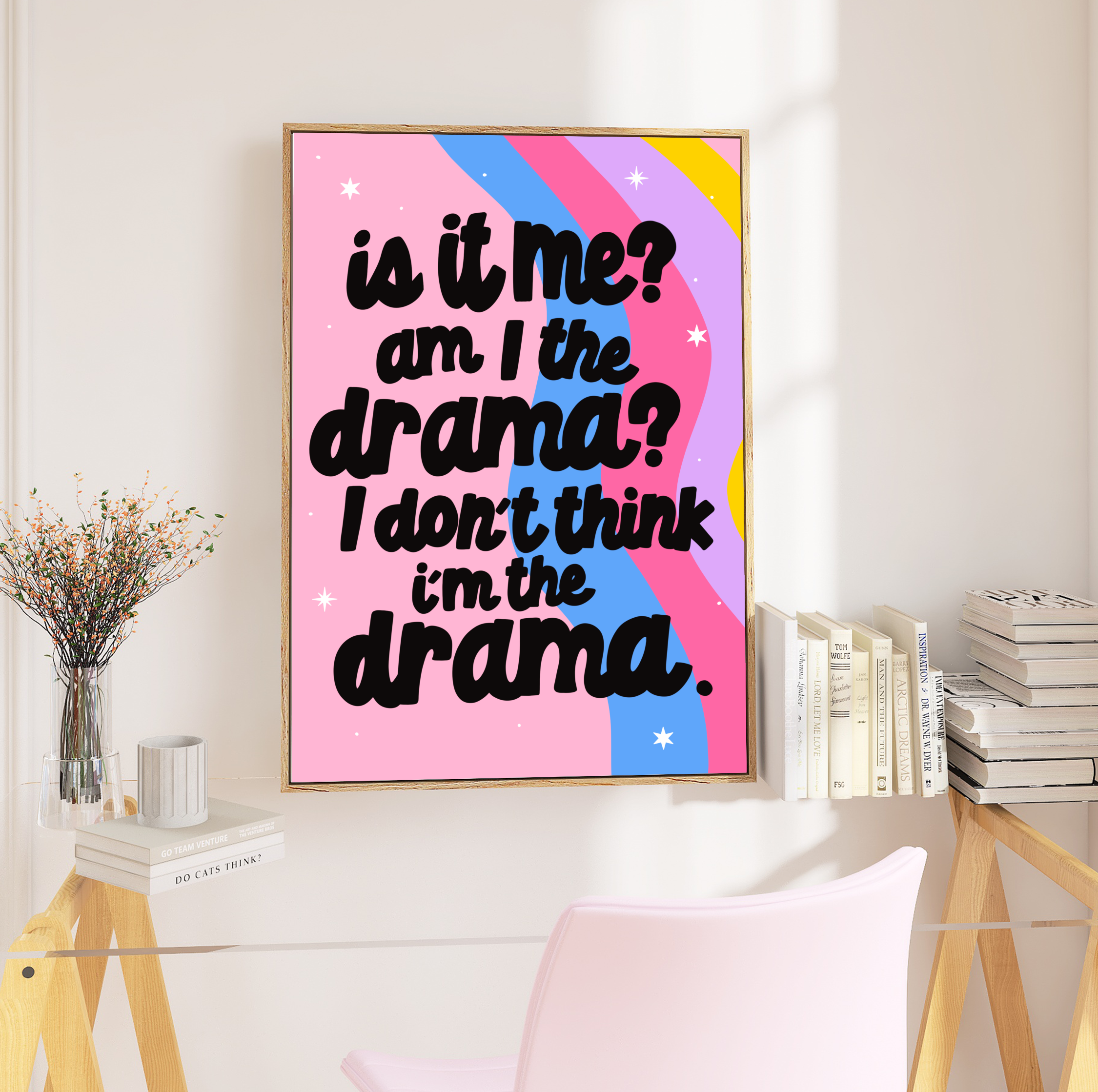 "Energizing 'Am I the Drama?' Wall Art Print with rainbow waves on a light pink background, featuring bold black quote."