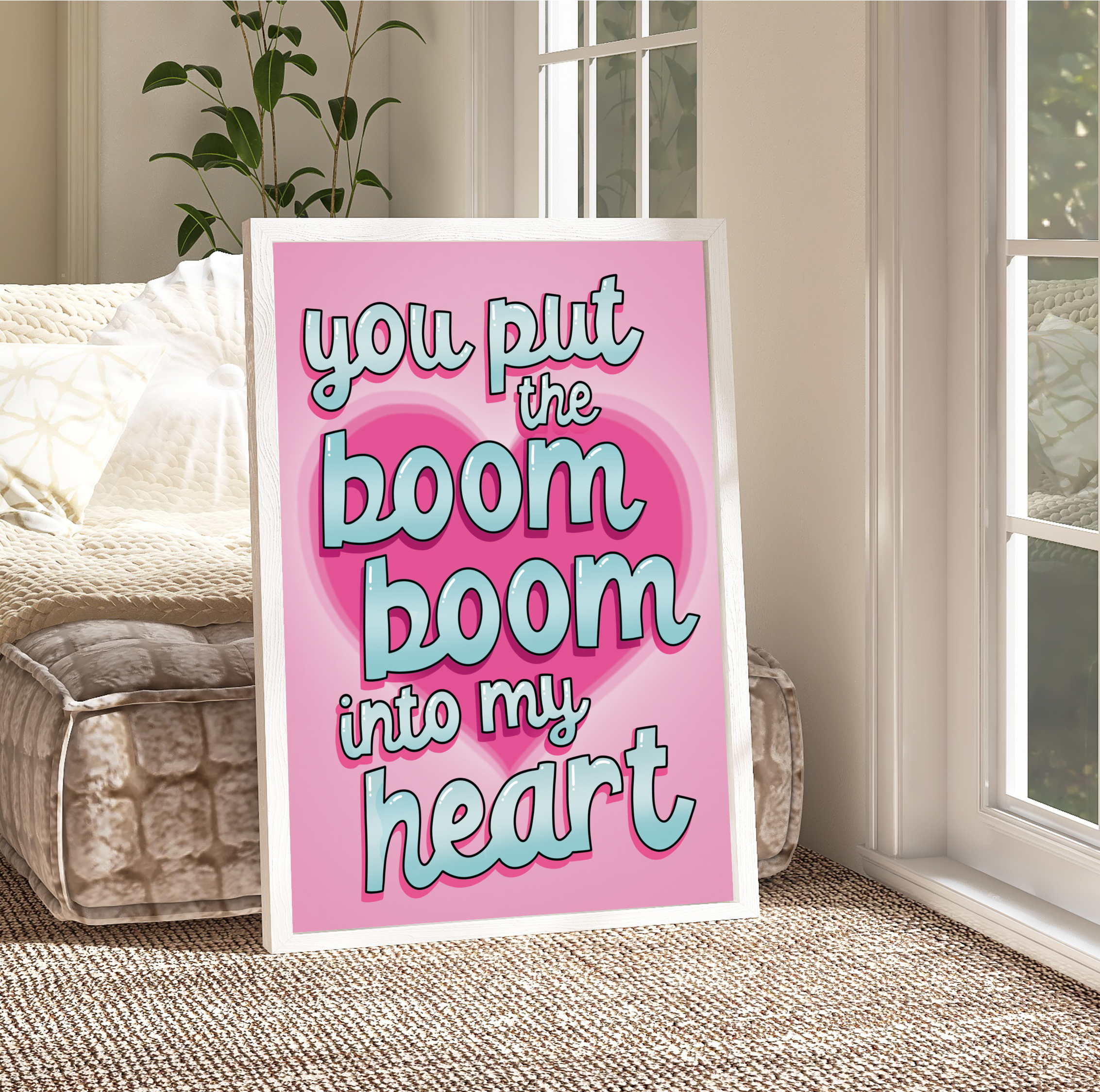 "Framed print: 'You Put the Boom Boom into My Heart' in colorful fonts. Adds 80s vibes to any space."