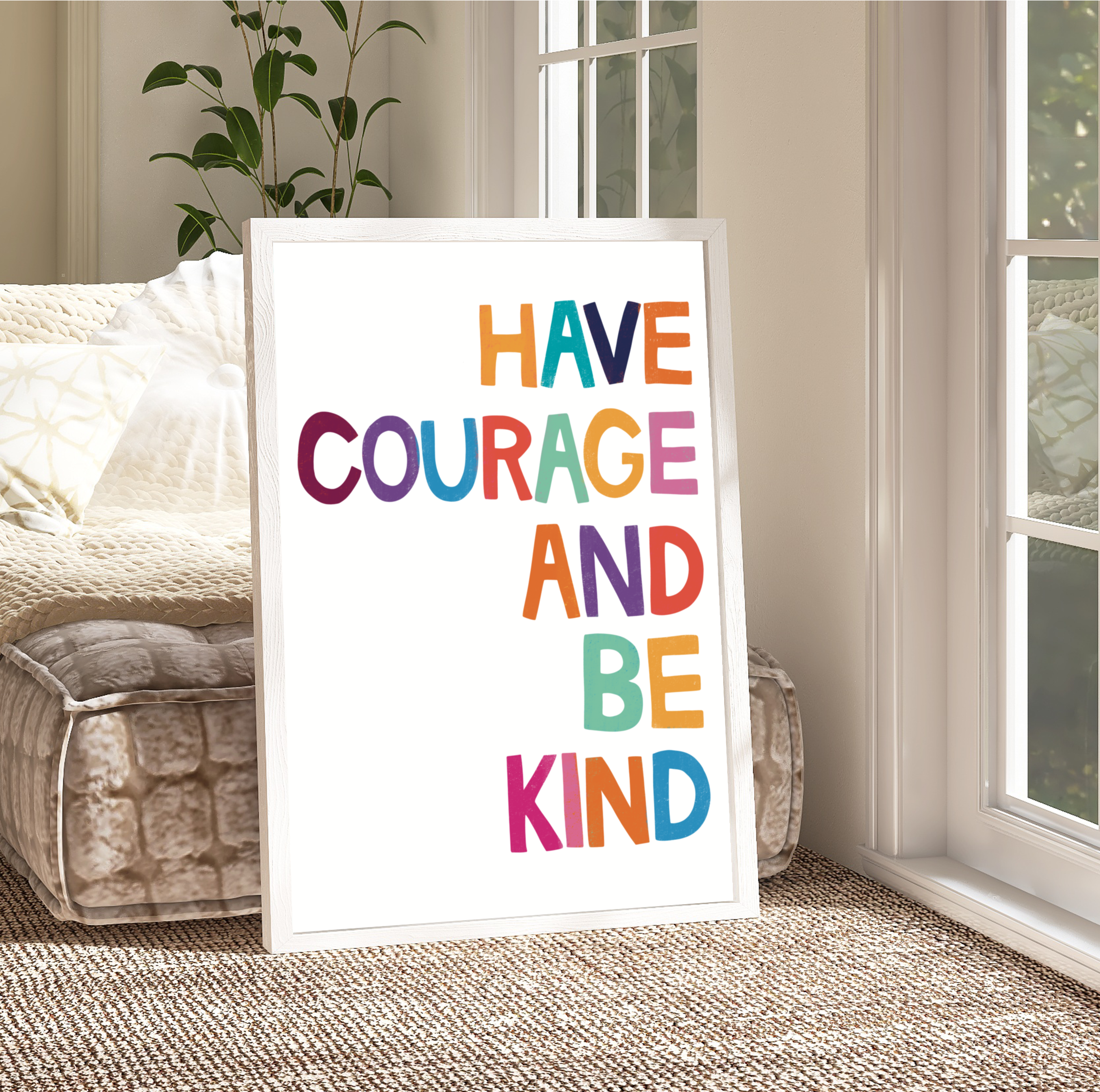 Framed 'Have Courage and Be Kind' Print: A delightful print showcasing the quote "Have Courage and Be Kind," framed against a crisp white background, adding a touch of inspiration to any space.