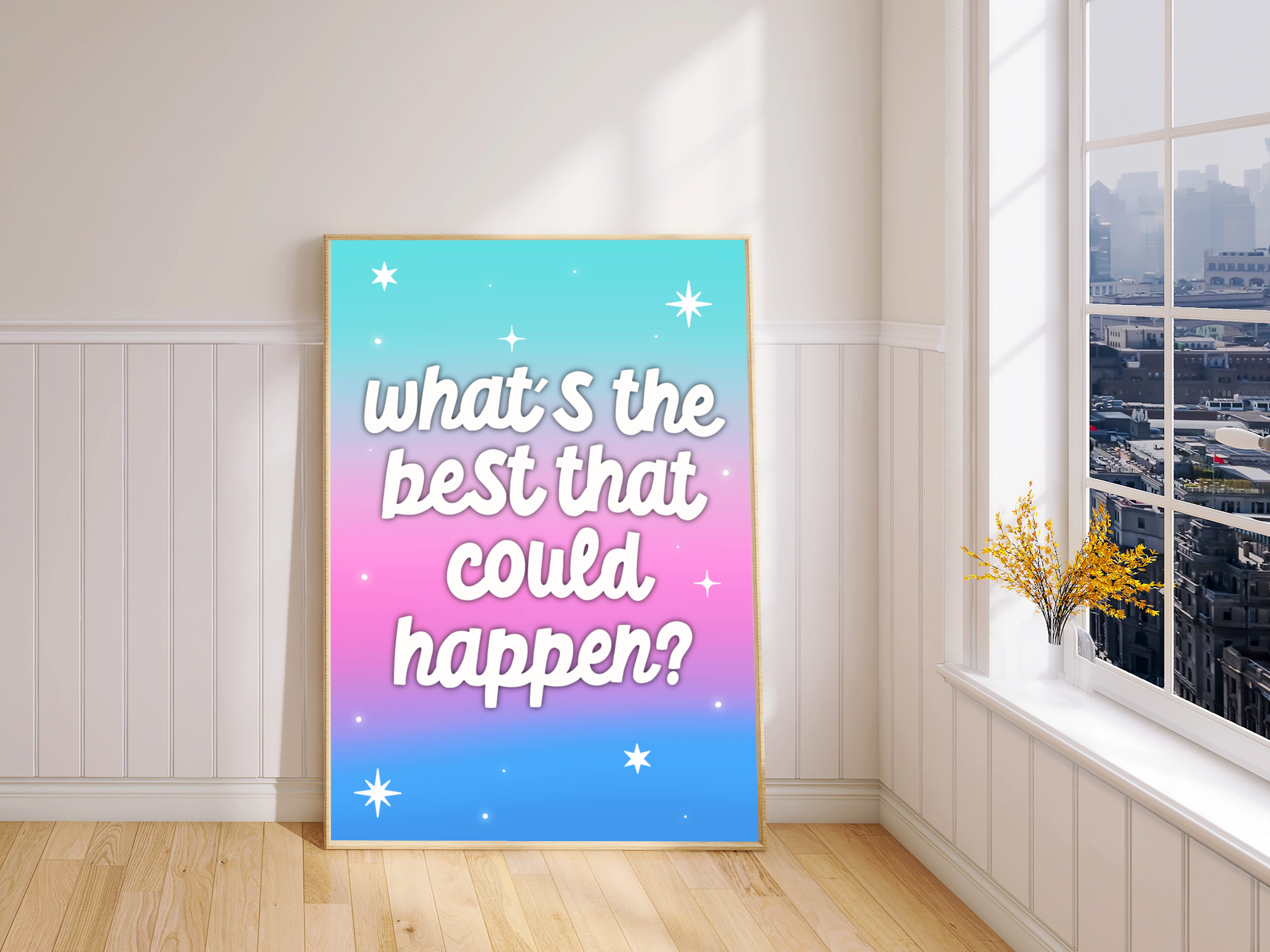 Typography Print in Frame: Elevate your decor with this inspiring print showcasing the quote "What's the Best That Could Happen?" Framed to perfection, it's a daily reminder to embrace optimism.