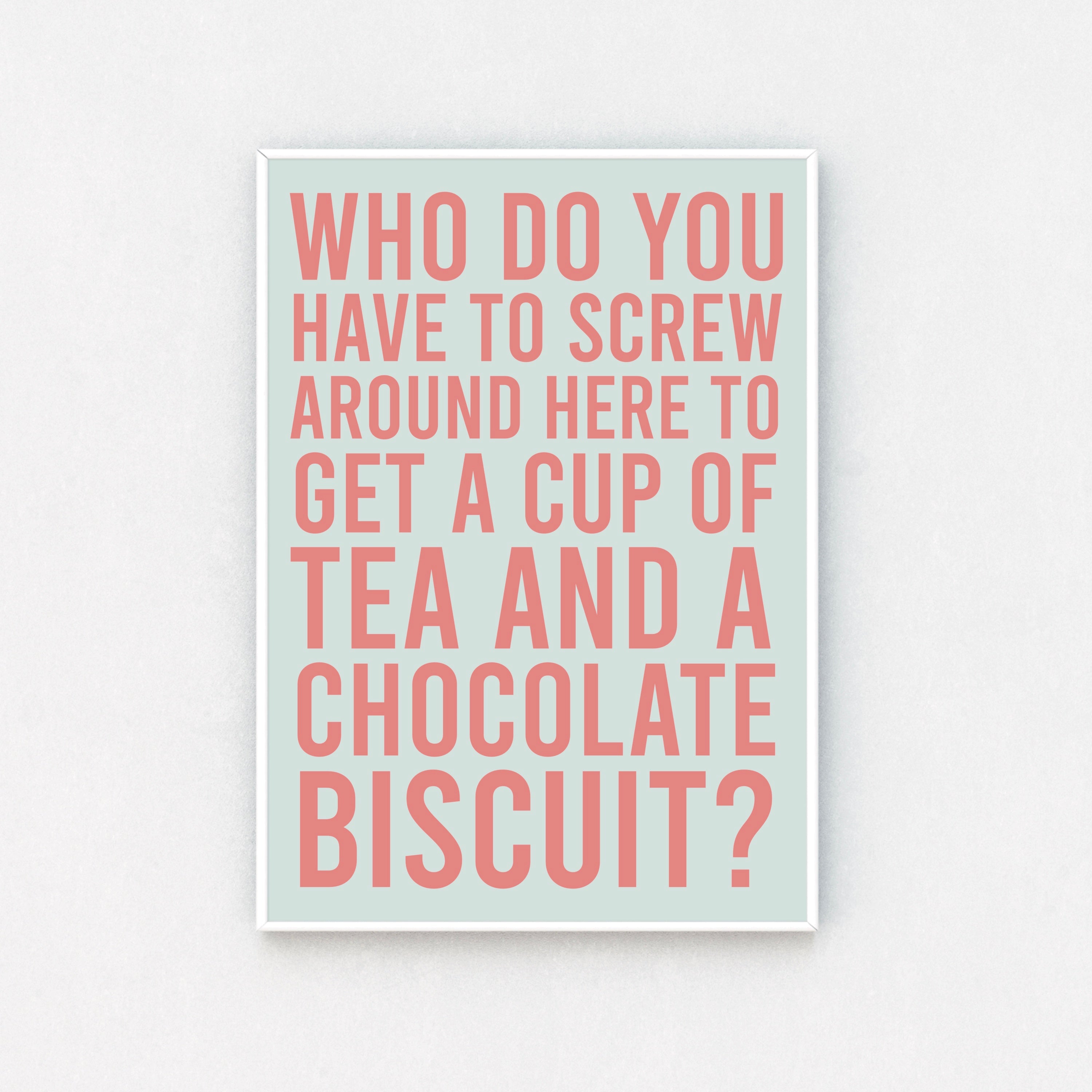 "Close-up of framed print: Cheeky quote framed in blue, bold pink typography. Humorous decor that's both stylish and fun."