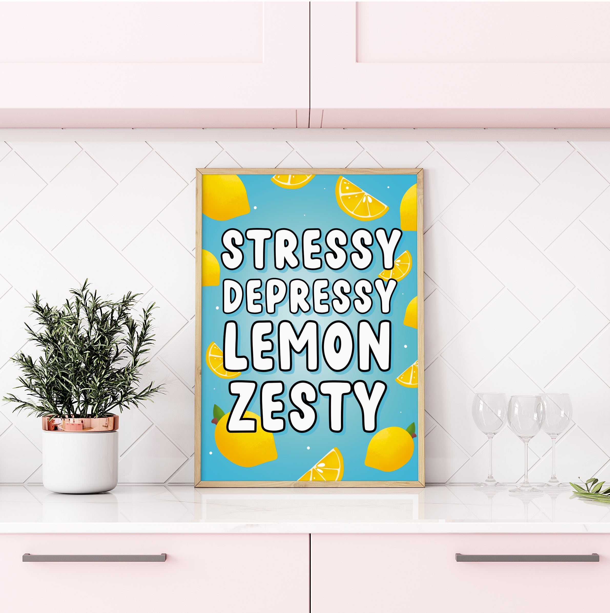"Stressy Depressy Lemon Zesty Wall Art Print": A playful print featuring vibrant lemons and the quote "Stressy Depressy Lemon Zesty."