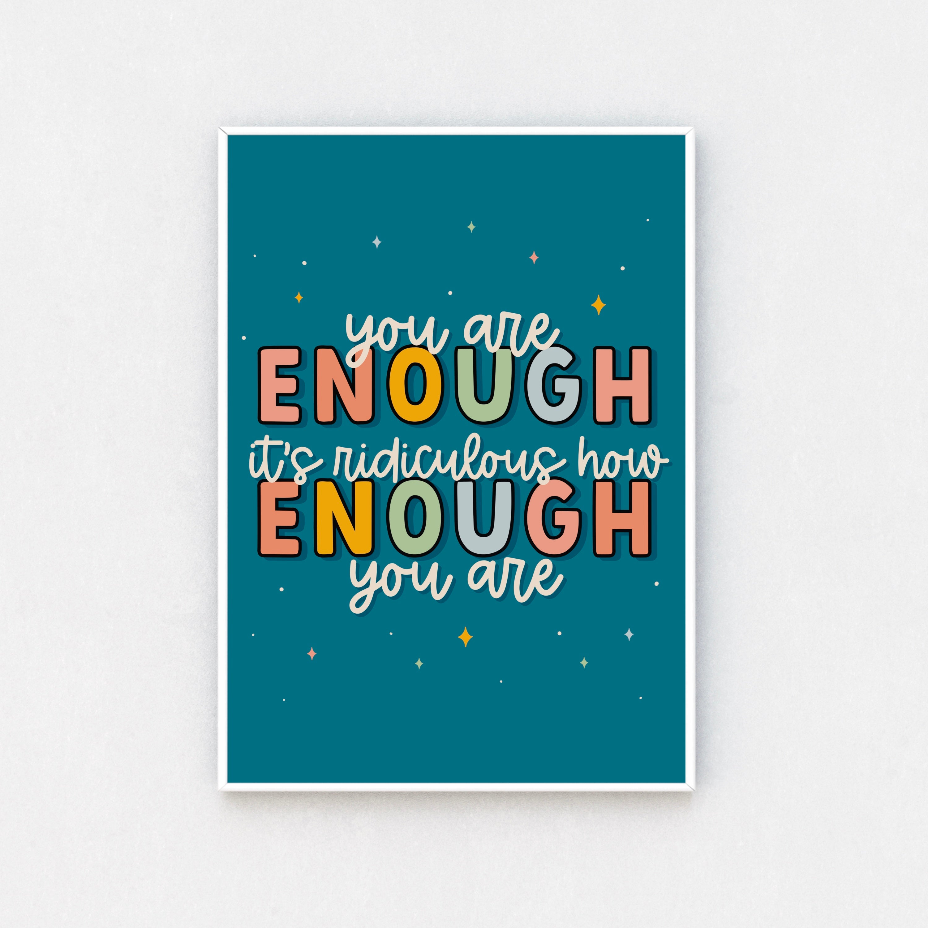 "Vivid Framed Artwork - 'Ridiculously Enough' Print showcased in a white frame, adding a burst of positivity to any room. Sizes range from A5 to A3. Free UK delivery available."