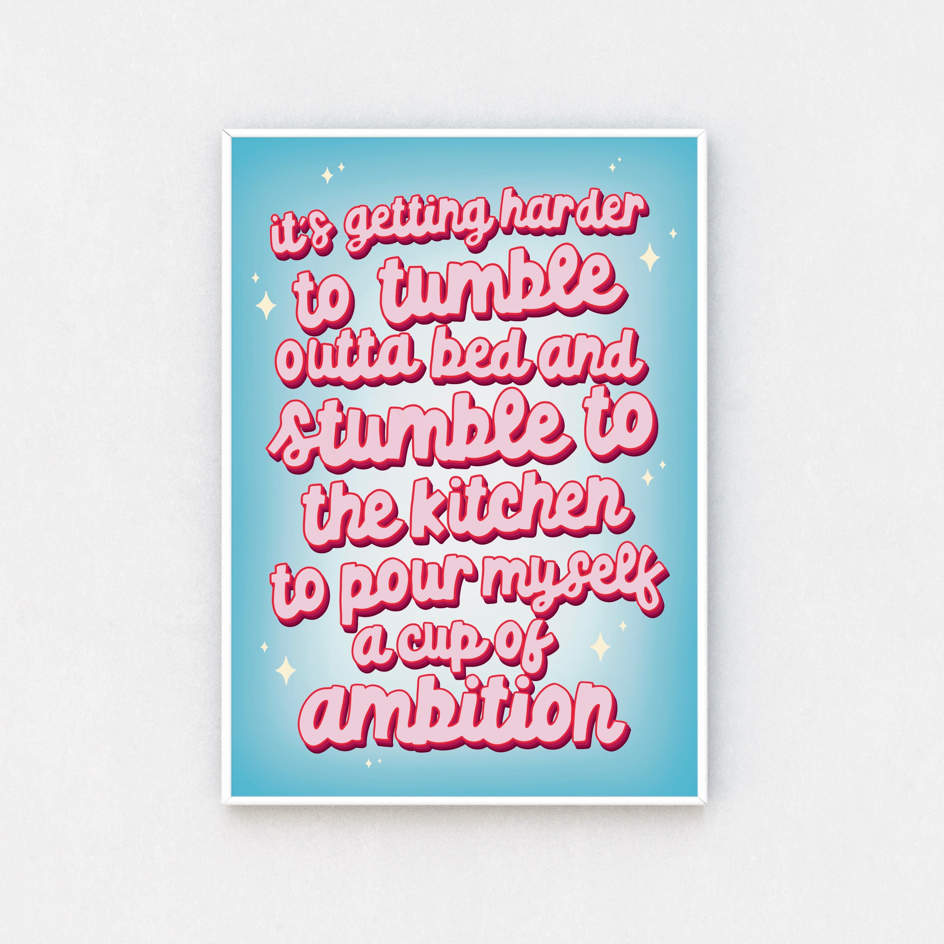 "Framed wall art: Witty quote framed in blue, with bold pink font. Bringing humor and charm to any room."