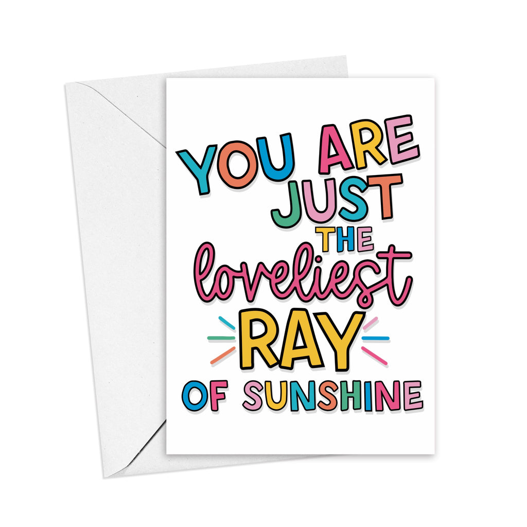 'Ray of Sunshine' Greeting Card Set: An image displaying the card and its white envelope. Share positivity with this radiant card that's sure to brighten anyone's day.