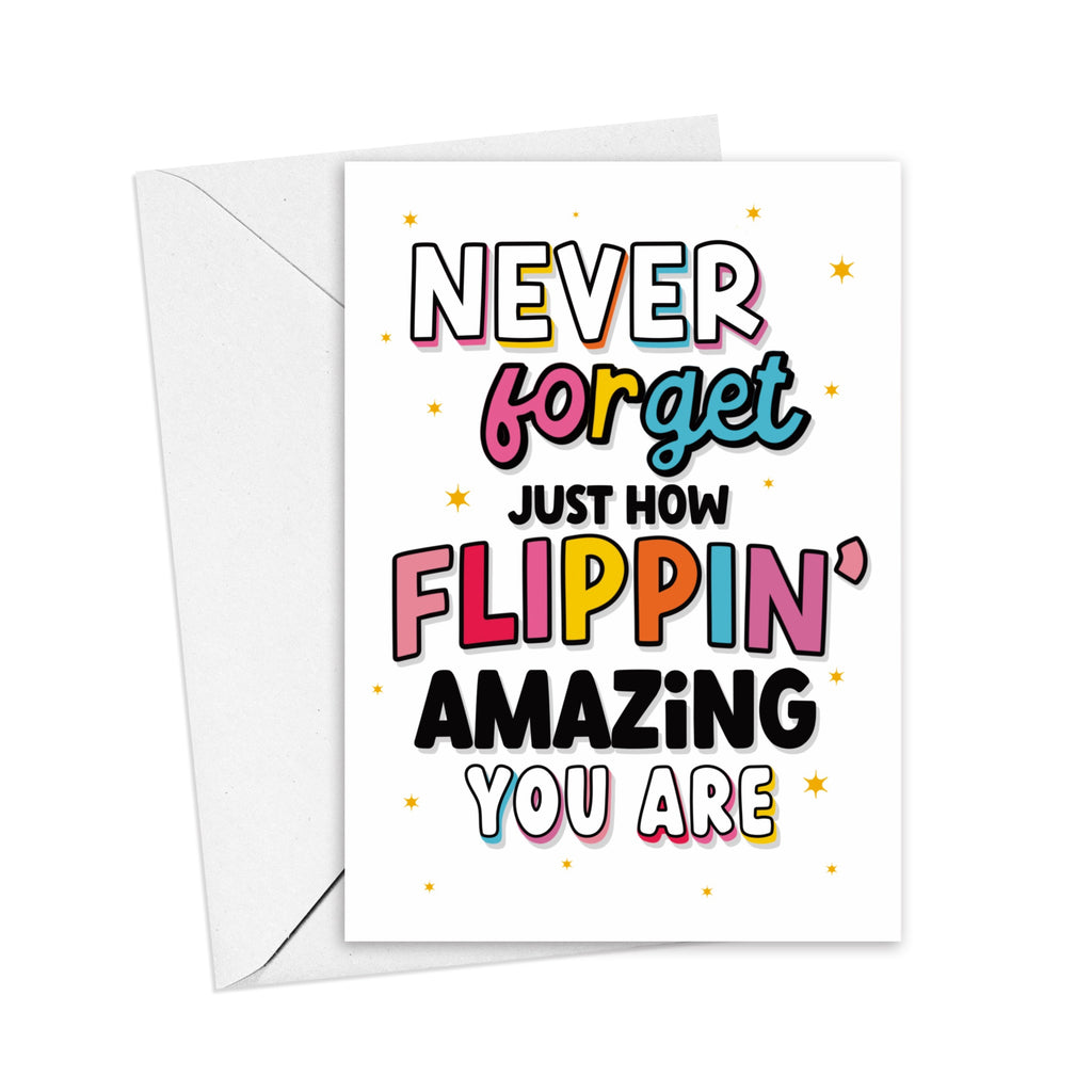 'Flippin' Amazing' Greeting Card Set: A visual of the card and its white envelope. Spread positivity with a card that's a burst of love and vibrant energy.