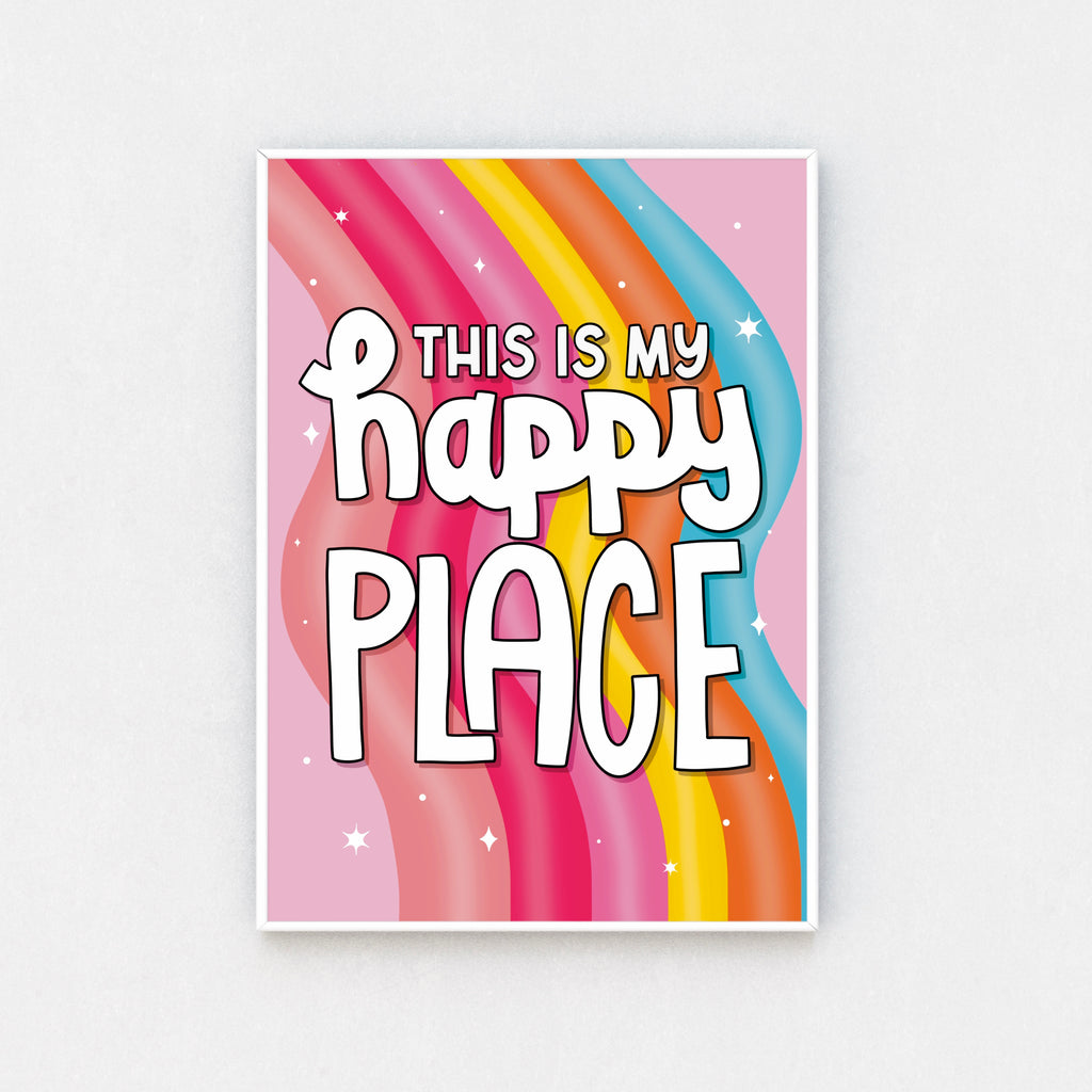 "Vivid Framed Artwork - 'This My Happy Place' Print showcased in a white frame, adding a burst of happiness to any room. Sizes range from A5 to A3. Free UK delivery available."