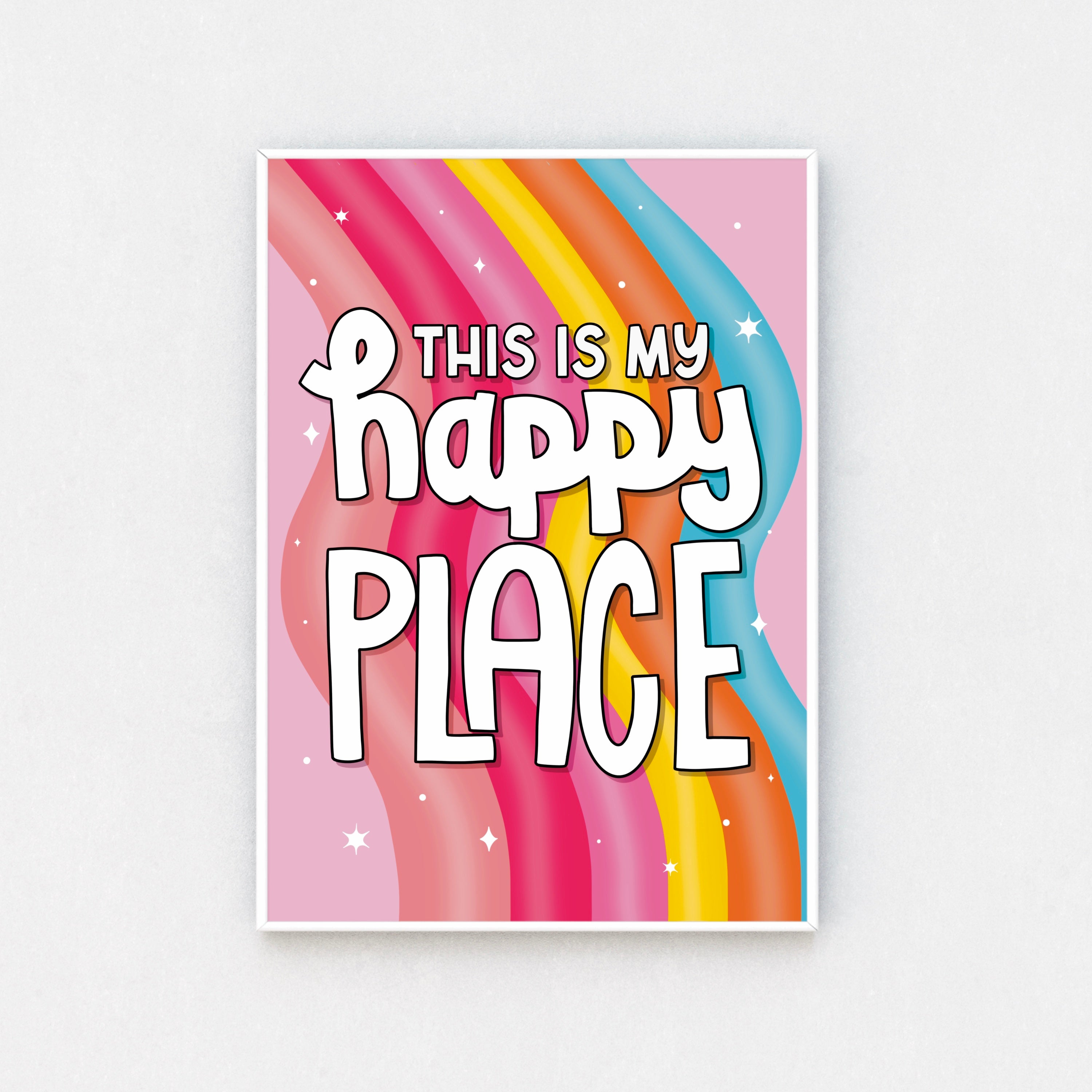 "Vivid Framed Artwork - 'This My Happy Place' Print showcased in a white frame, adding a burst of happiness to any room. Sizes range from A5 to A3. Free UK delivery available."