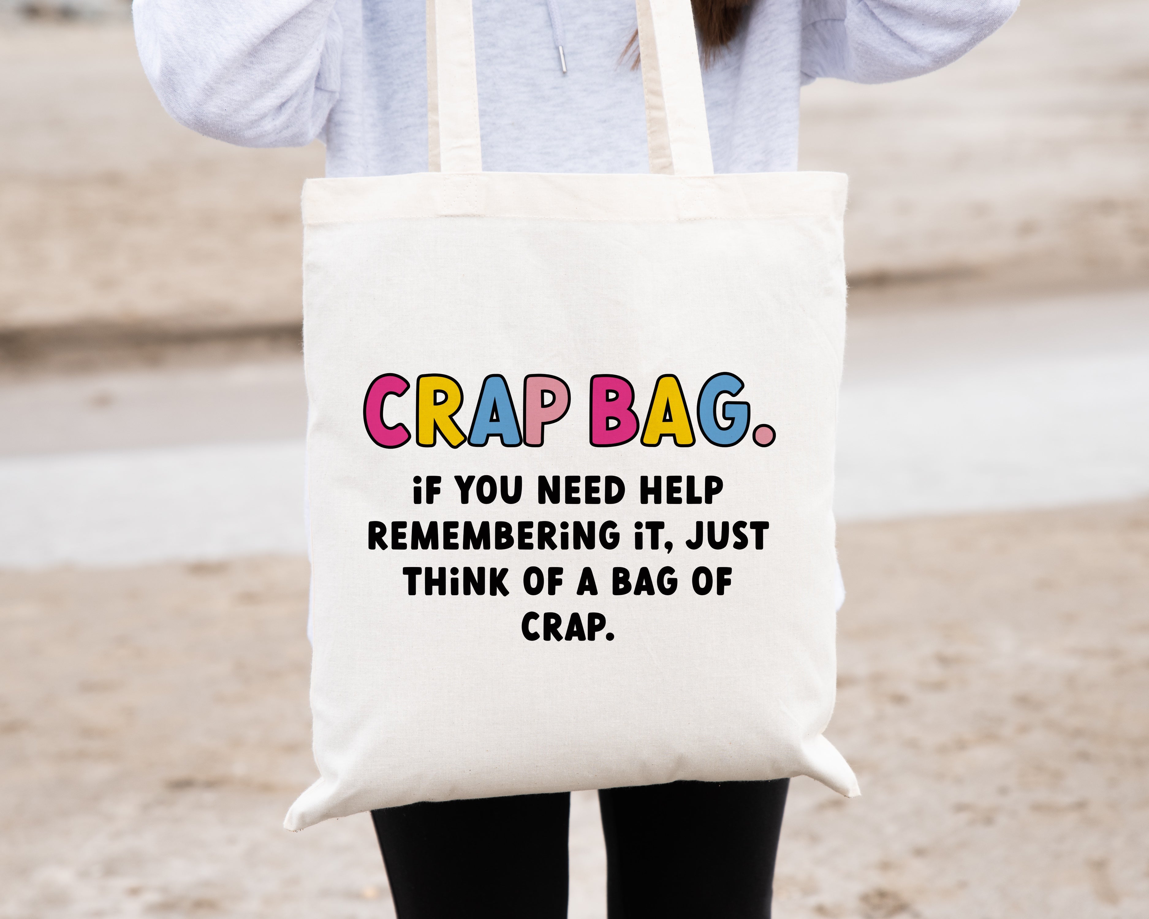 Bright Tote bag with the quote "crap bag. If you need help remembering it, just think of a bag of crap." from the TV show 'Friends'