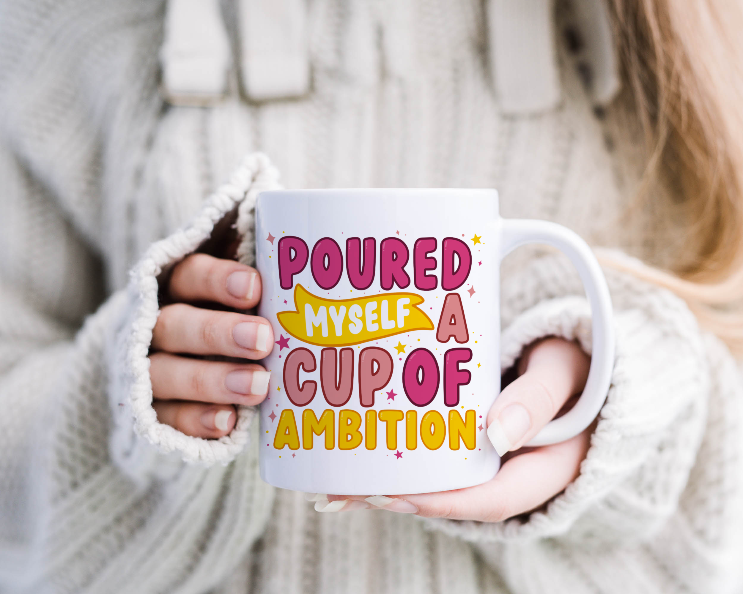 "White mug with 'Poured Myself a Cup of Ambition' quote, inspired by Dolly Parton's song. Glossy finish, UV resistant, 10oz size."