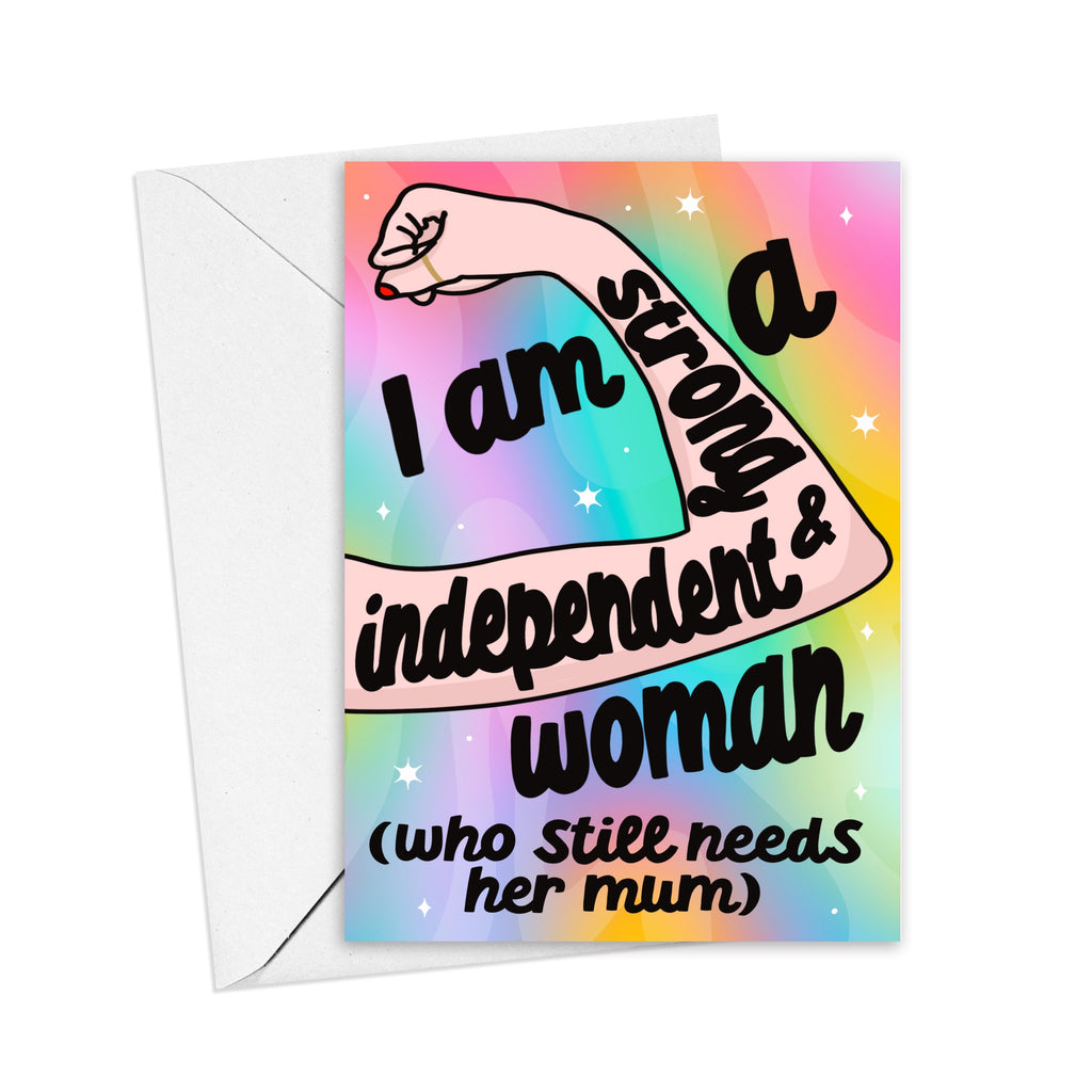 'Strong & Independent' Greeting Card Set: A visual of the card and its white envelope. Celebrate your strength with a touch of humor and share the moment with someone special.