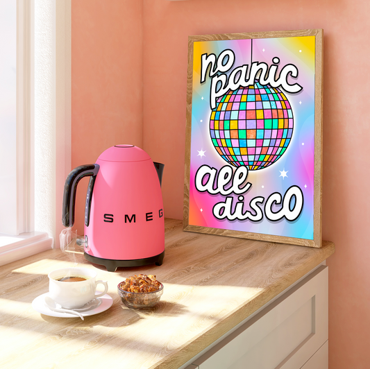 Bright Colourful Wall Art Print Containing the quote 'no panic all disco' and an illustration of a multi coloured glitter disco ball