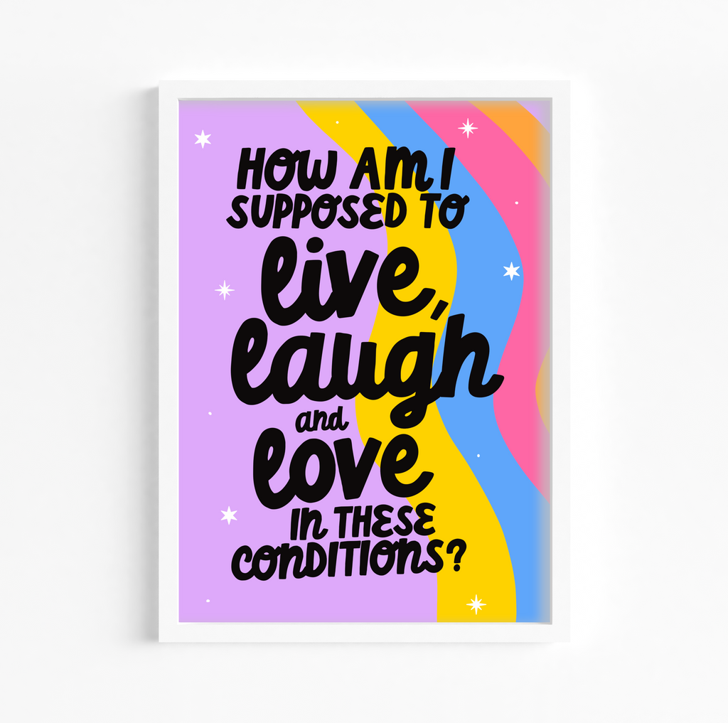 "Framed wall art adds vibrant humor. Purple and rainbow waves frame the hilarious quote."