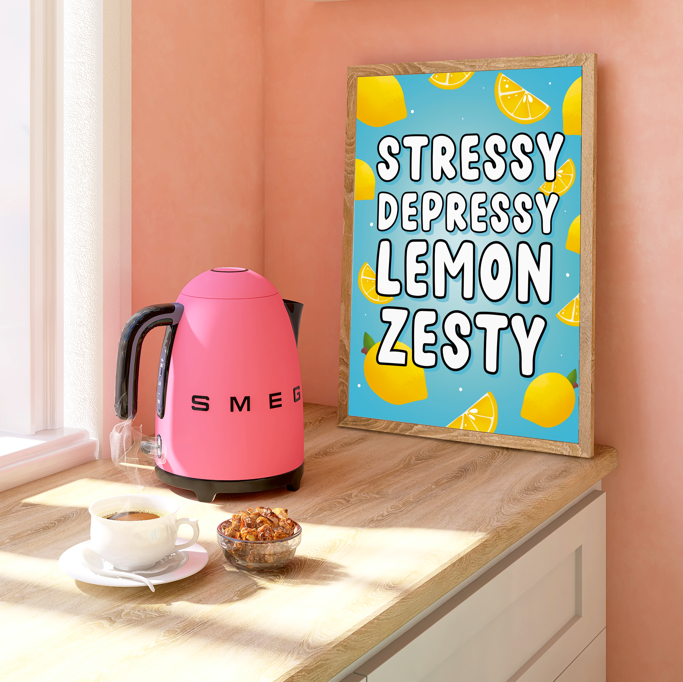 "Stressy Depressy Lemon Zesty Wall Art Print": A playful print featuring vibrant lemons and the quote "Stressy Depressy Lemon Zesty."  "Available Sizes A5 to A3": Three print sizes displayed side by side - A5, A4, and A3. Options for decorating various spaces.