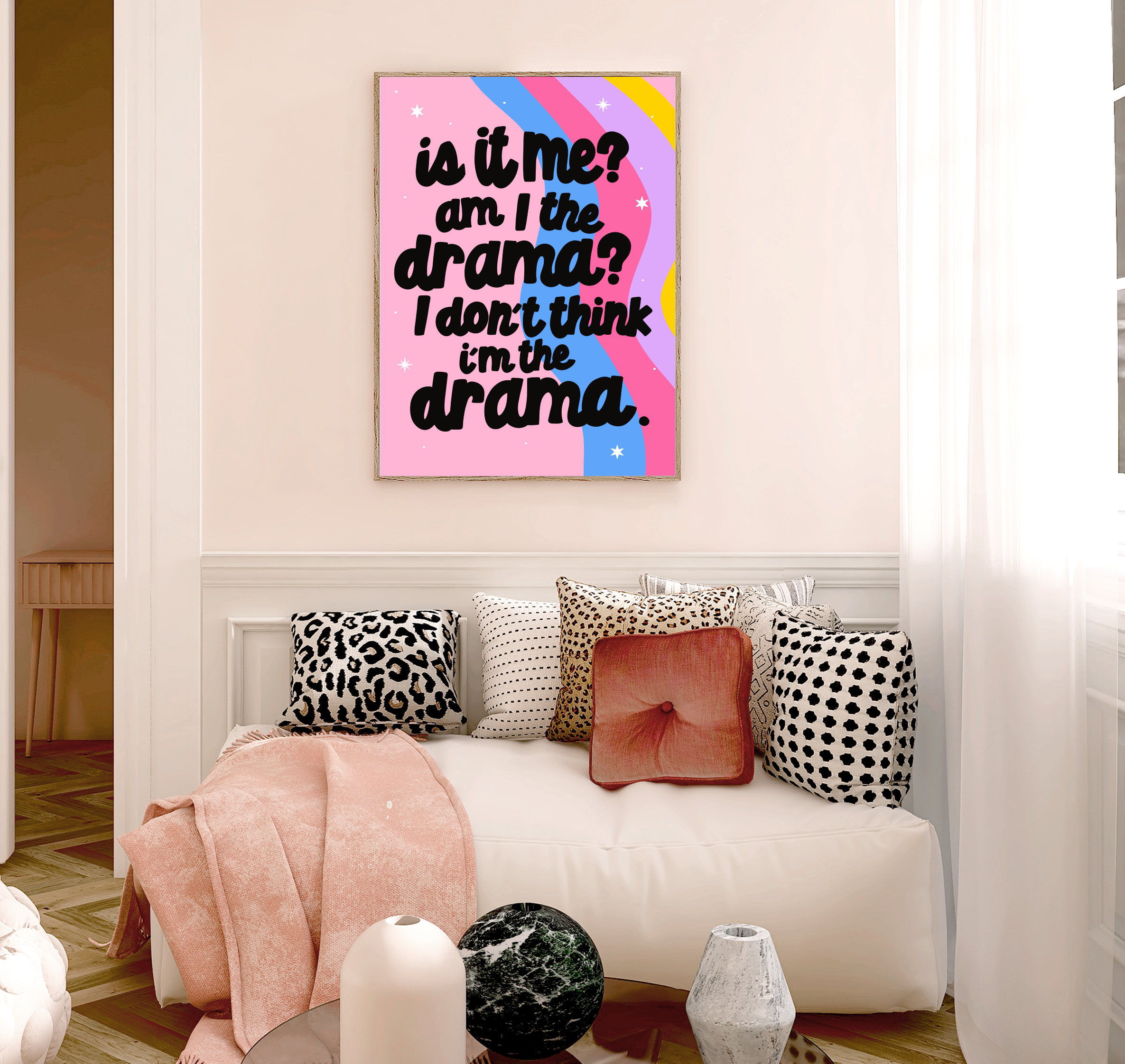 "Empowering 'Am I the Drama?' Wall Art Print, combining soft pink hues, rainbow waves, and impactful black typography."