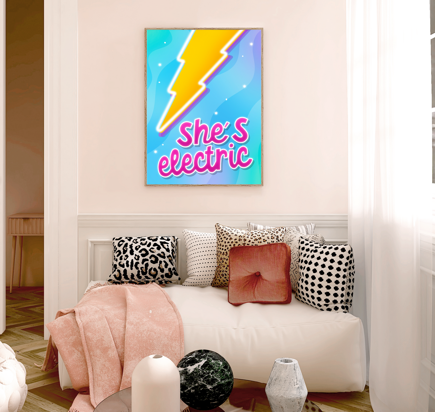 "A burst of energy in a print - lightning bolt illustration with 'she's electric' quote in vivid pink, perfect for home or gifting."