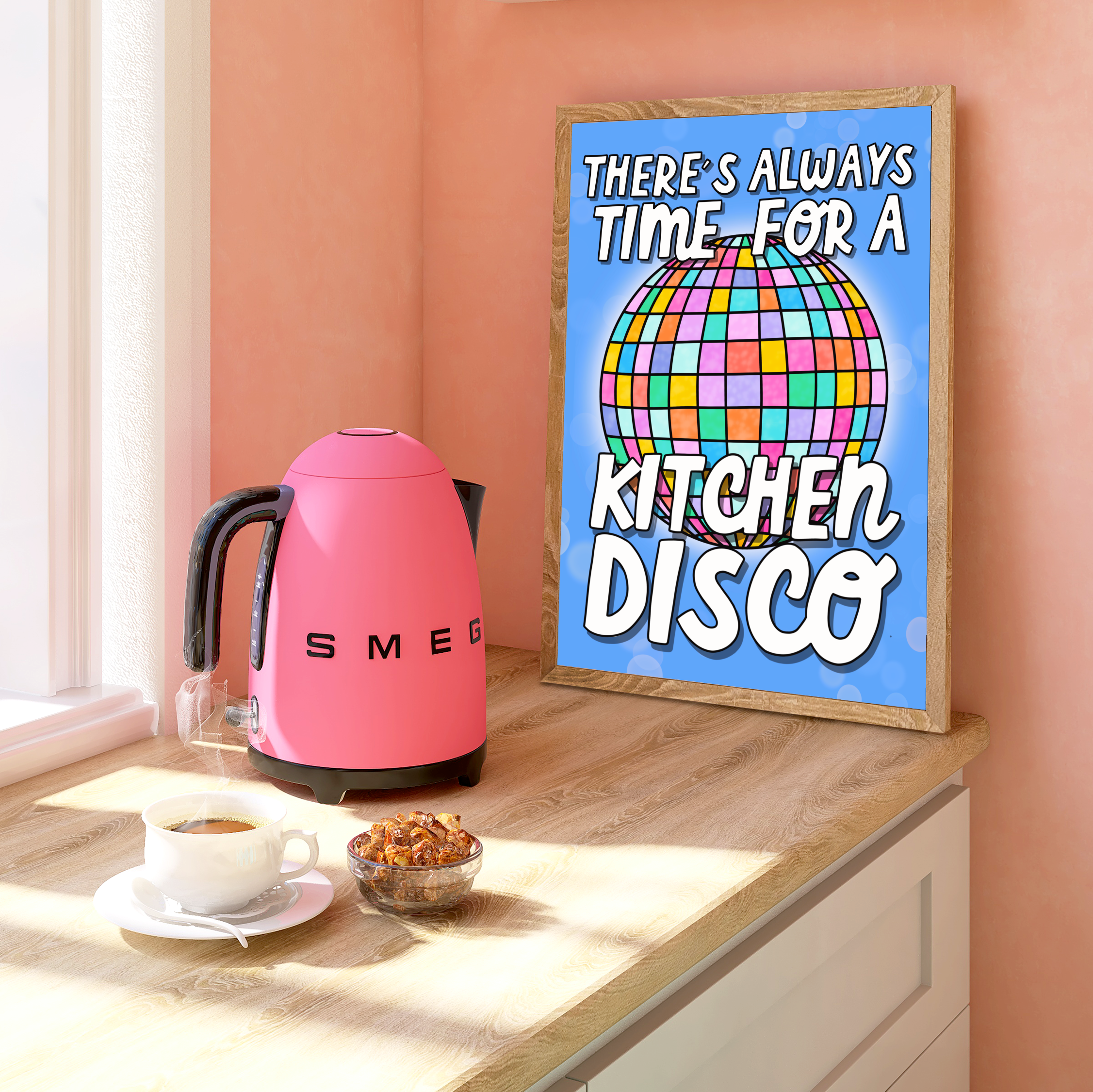 Bold and Colourful Print with a quote 'There's always time for a kitchen disco' with a bright illustration of a disco ball on a bold blue background