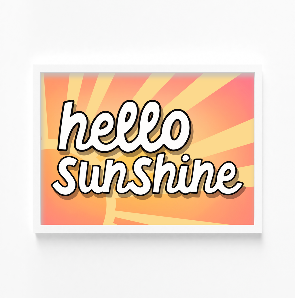 Bold and colourful print with sunshine illustration in yellow and coral colours