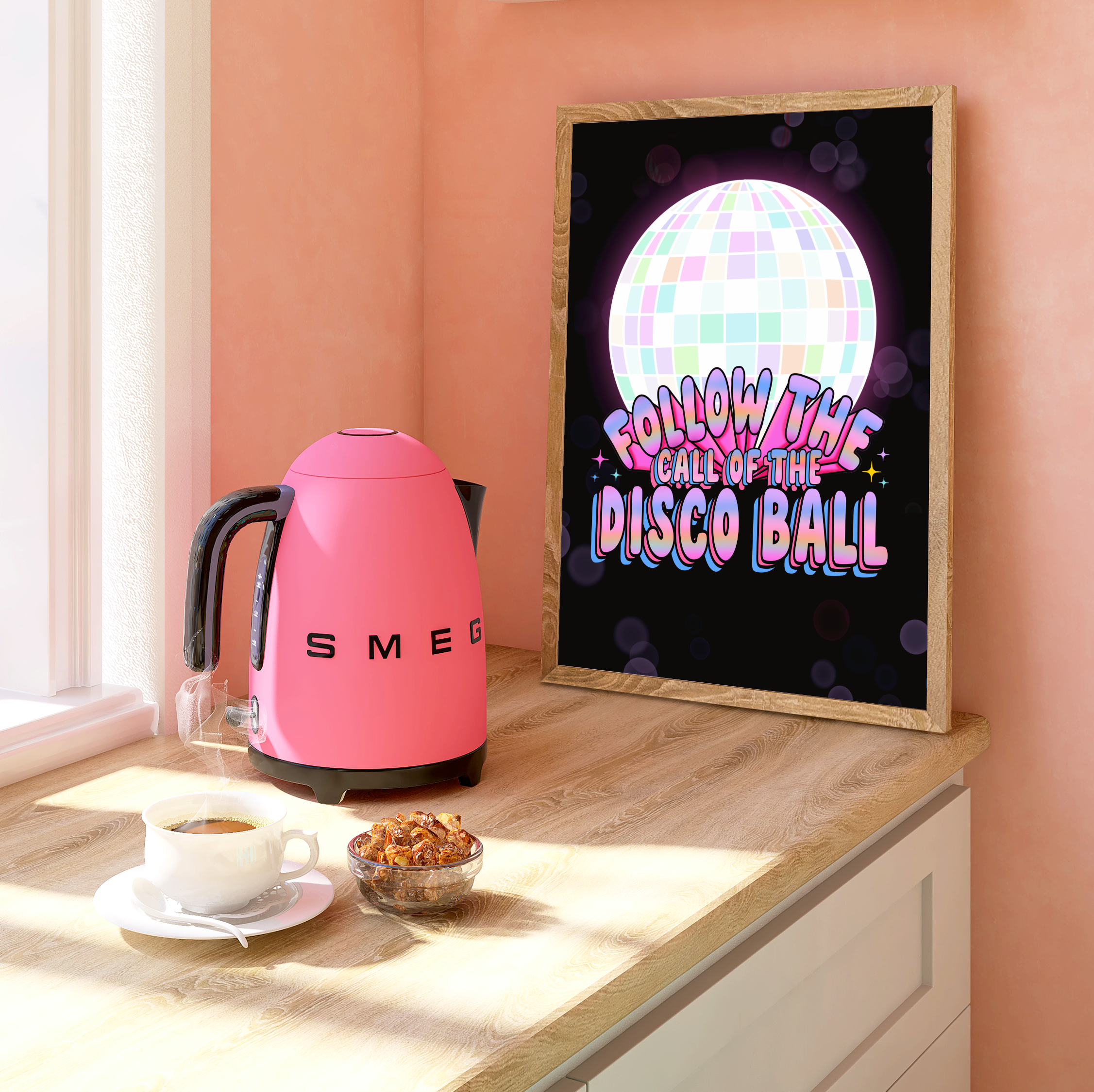 Bright and Colourful print with the quote 'follow the call of the disco ball'