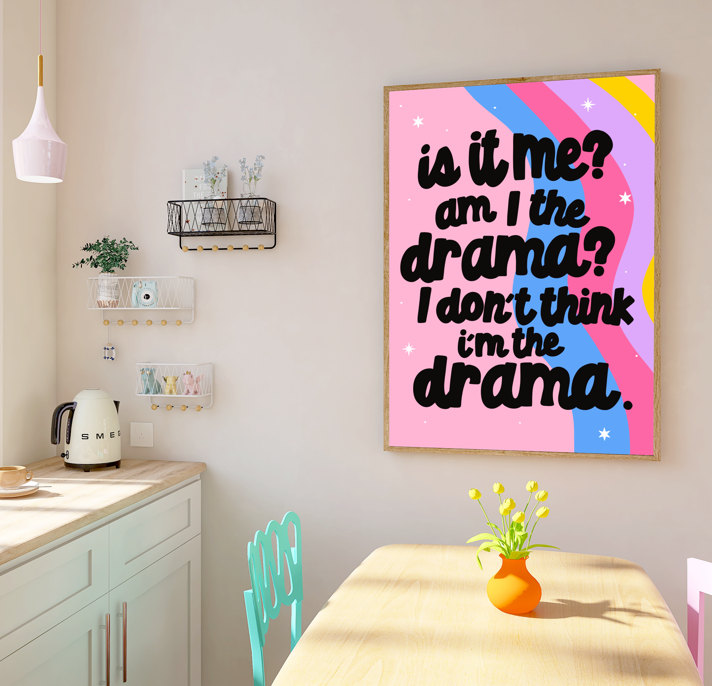 "Vibrant home decor showcasing a playful rainbow design and the empowering quote 'Am I the Drama?' in black."