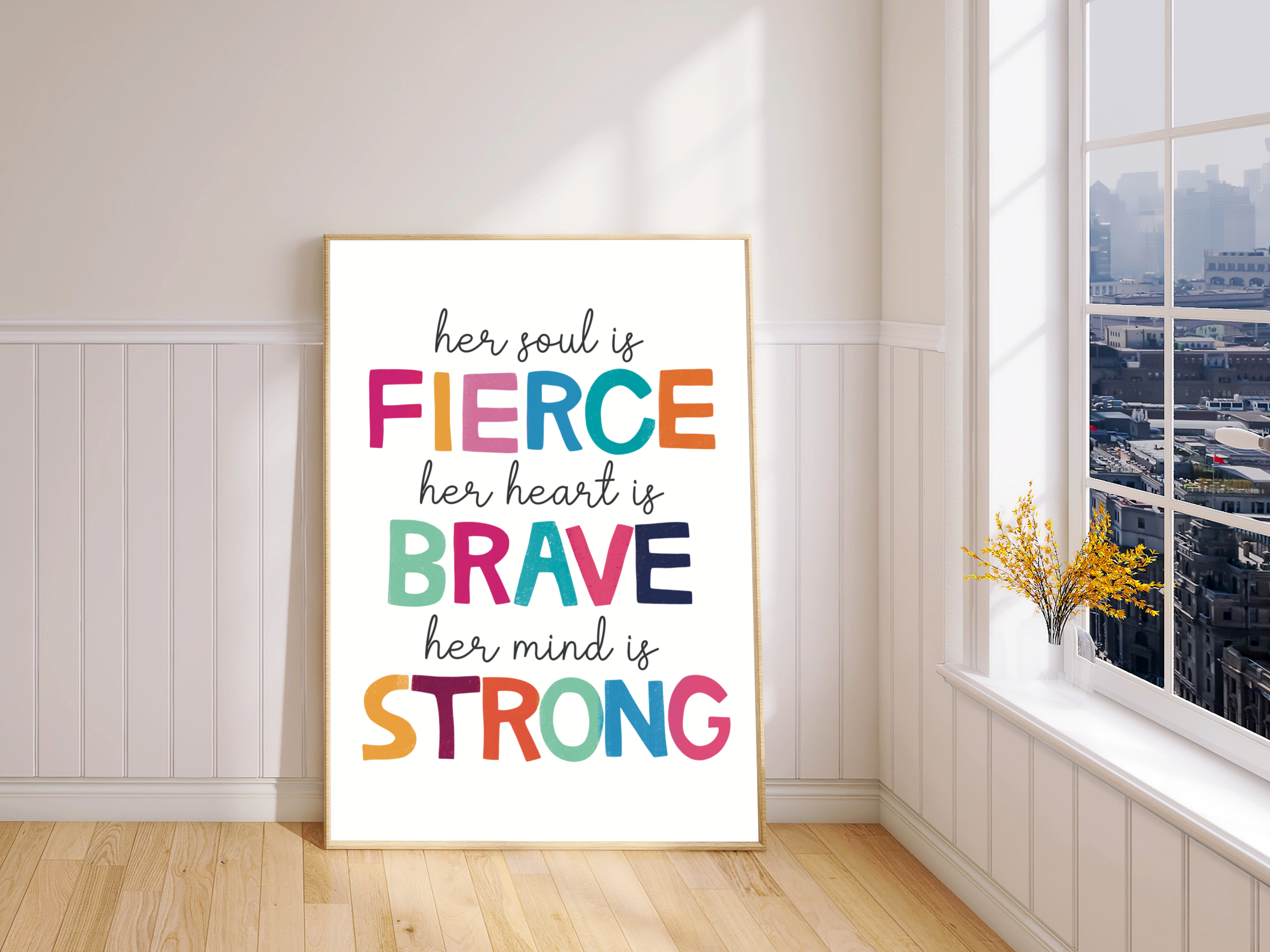 "Framed wall art: Inspiring quote on crisp white background, adding strength to your decor."
