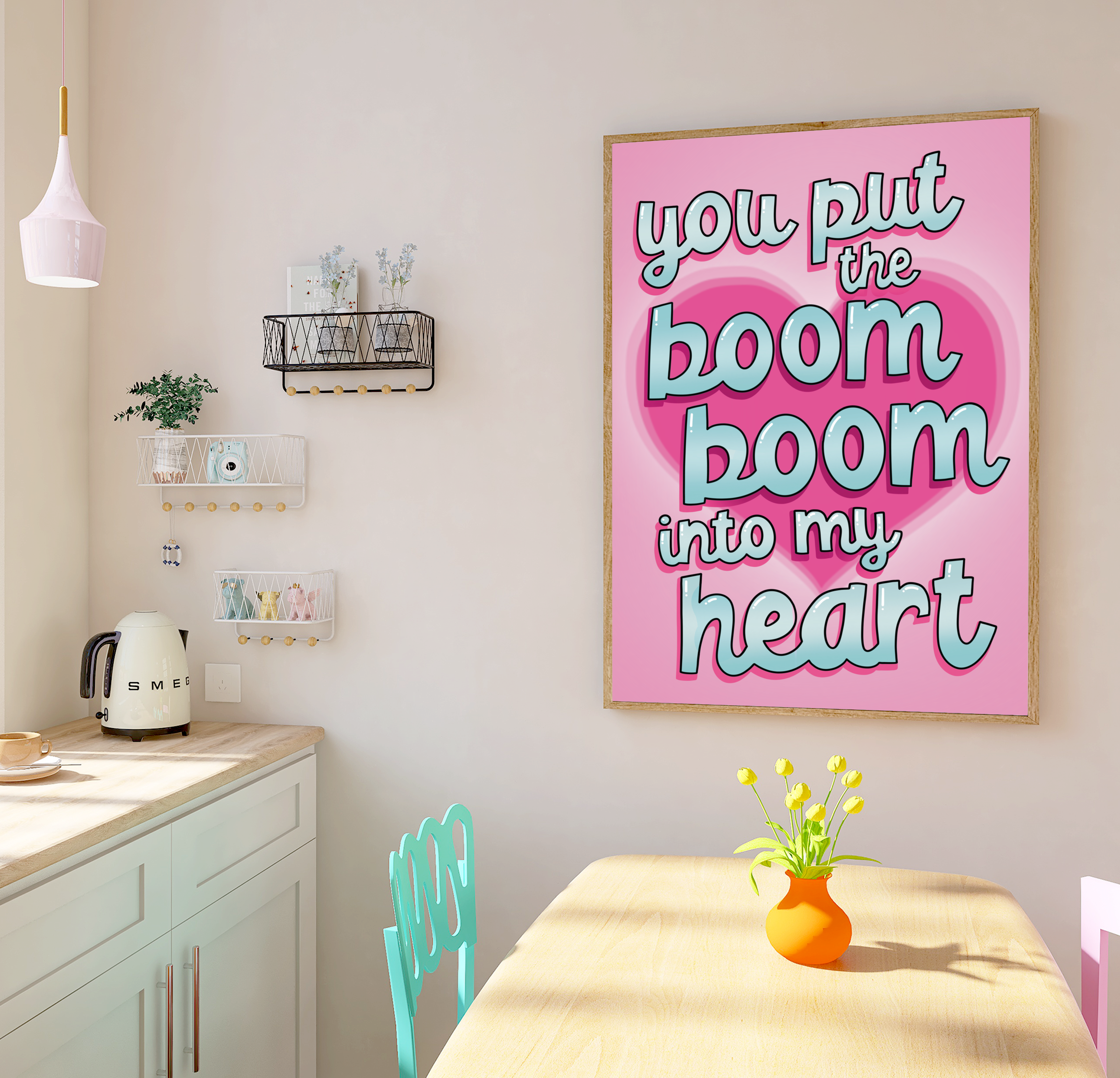 "Vibrant framed print: Iconic Wham lyric quote in funky fonts, perfect for adding fun to your walls."