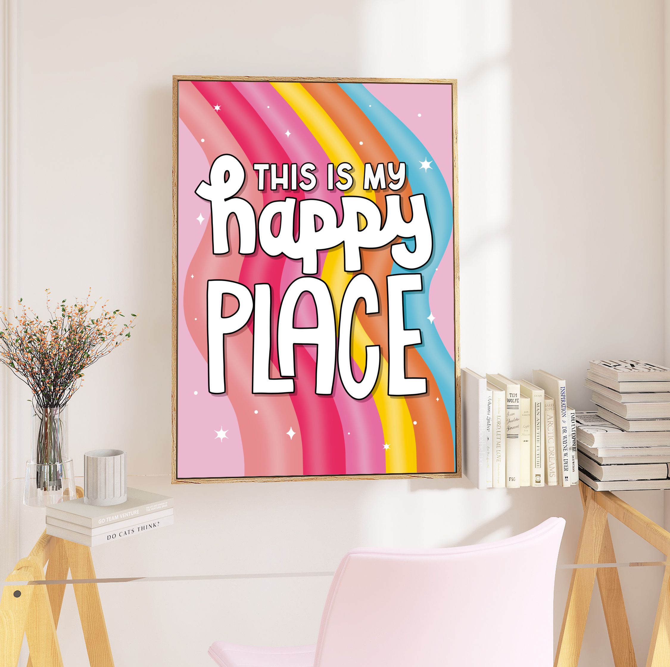 "Cheerful Wall Decor - 'This My Happy Place' Print framed in sleek black, radiating positivity. Sized from A5 to A3. Free UK delivery included."