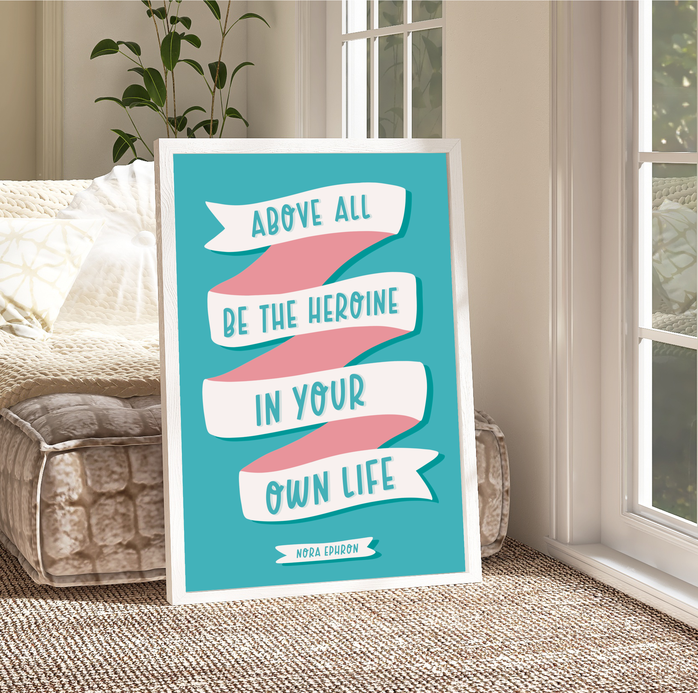 "Empowering Wall Decor - 'Be Your Own Heroine' Print showcased in sleek black frame, inspiring confidence. Sizes range from A5 to A3. Free UK delivery included."