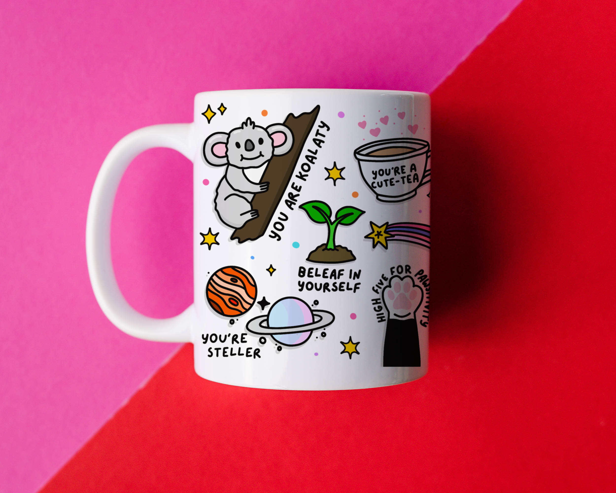 "Positivity Mug - Studio shot of the white mug showcasing its glossy finish and colorful design on both sides."