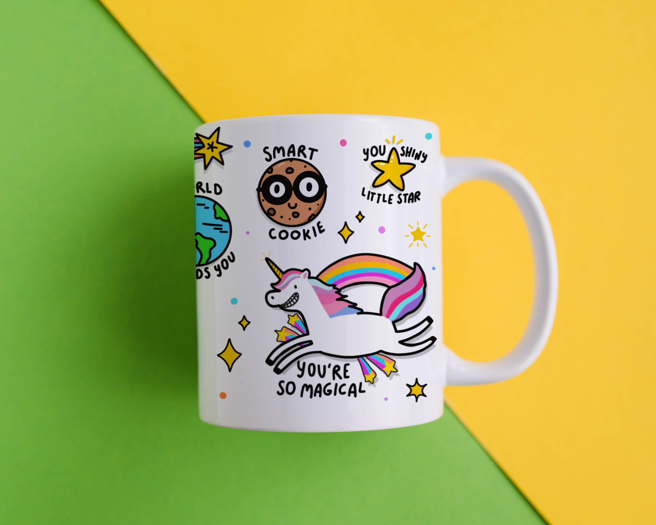 "Mug of Positivity - Another studio shot featuring the 10oz mug, highlighting its UV resistance and vibrant illustrations."