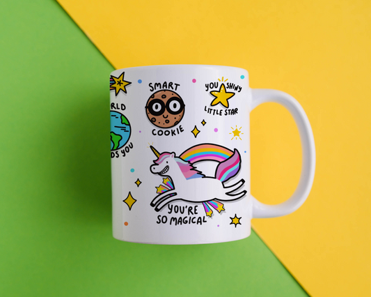 "Mug of Positivity - Another studio shot featuring the 10oz mug, highlighting its UV resistance and vibrant illustrations."