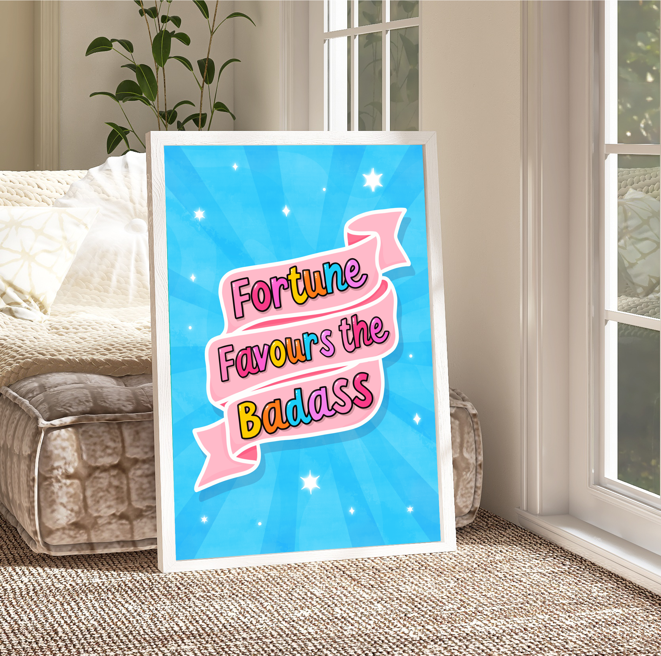Typography Print in Frame: Elevate your decor with this empowering print featuring the quote "Fortune favours the badass." Framed to perfection, it's a reminder to embrace your inner strength.