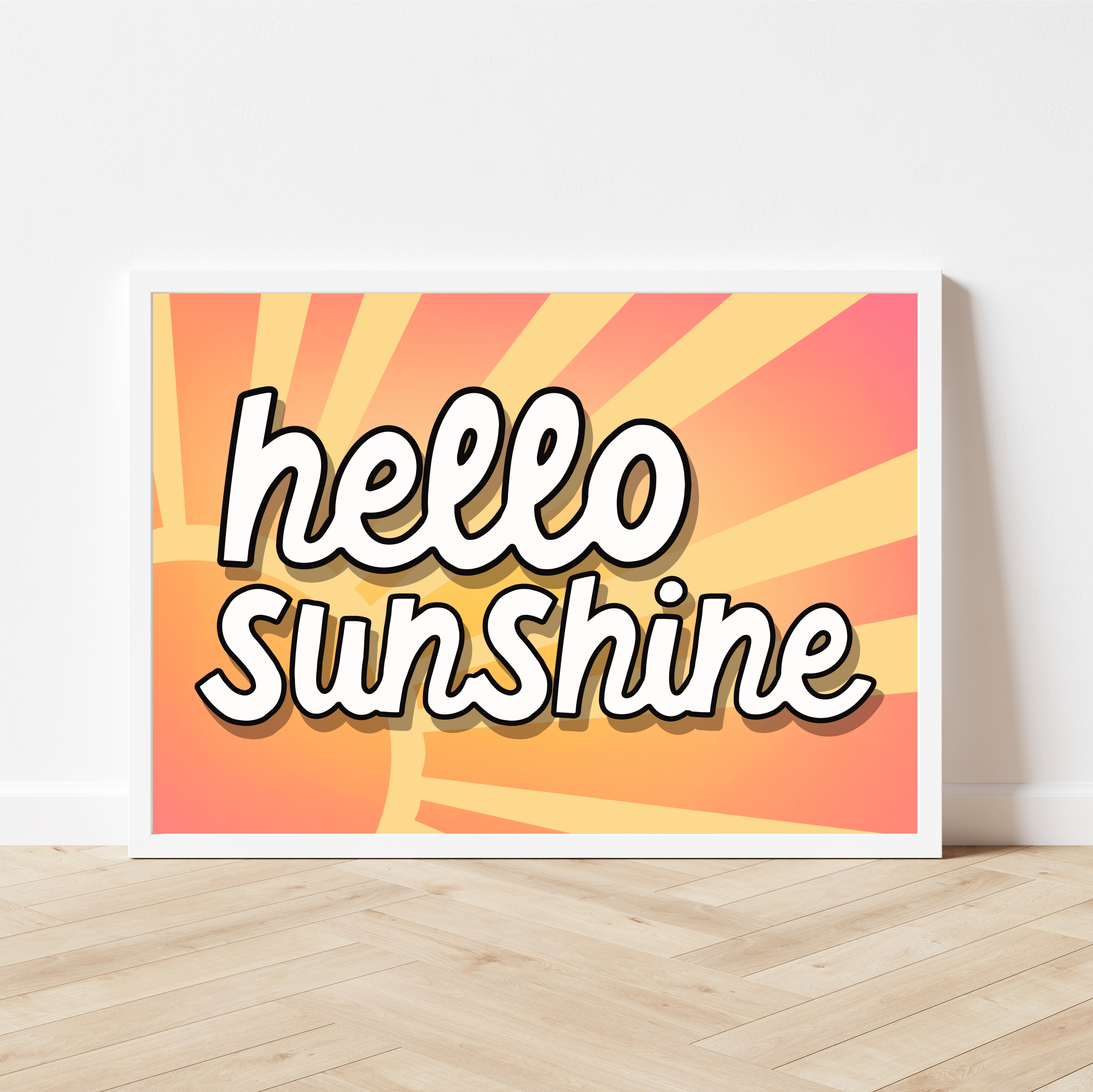 Bold and colourful print with sunshine illustration in yellow and coral colours