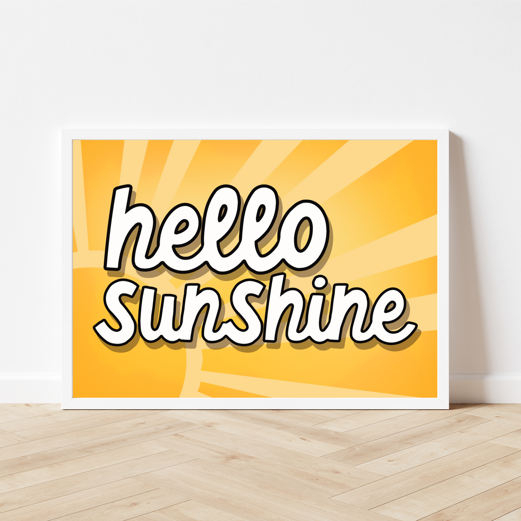 Bold and colourful print with sunshine illustration in yellow and orange colours