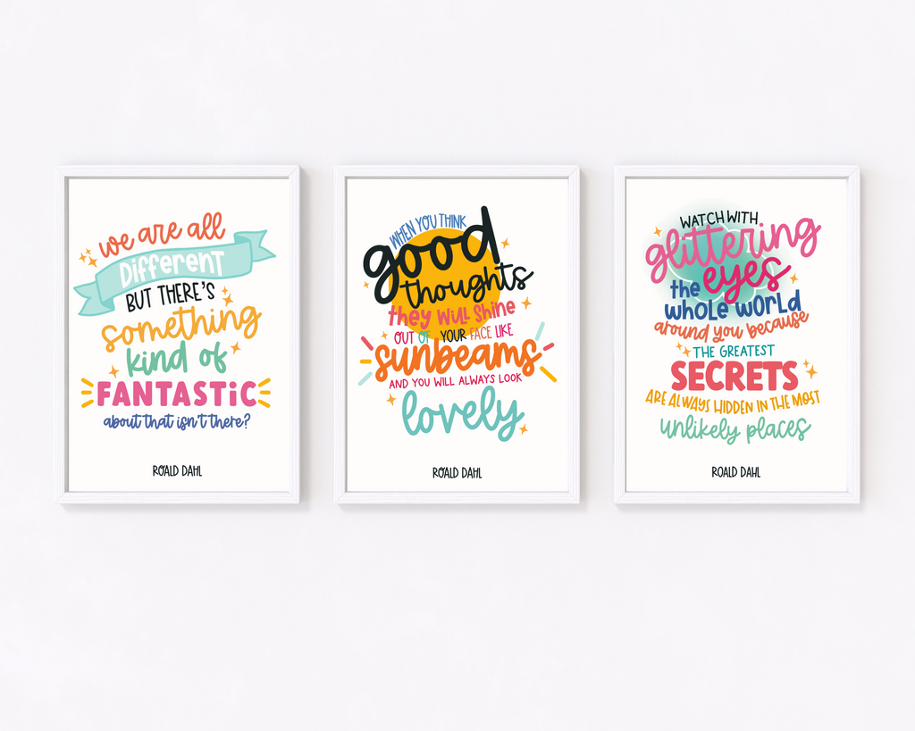 Roald Dahl Quote Print Set: A trio of framed prints with iconic quotes from Roald Dahl's books. Includes quotes from The Minpins, The Twits, and Fantastic Mr Fox. Perfect for infusing your space with literary magic.