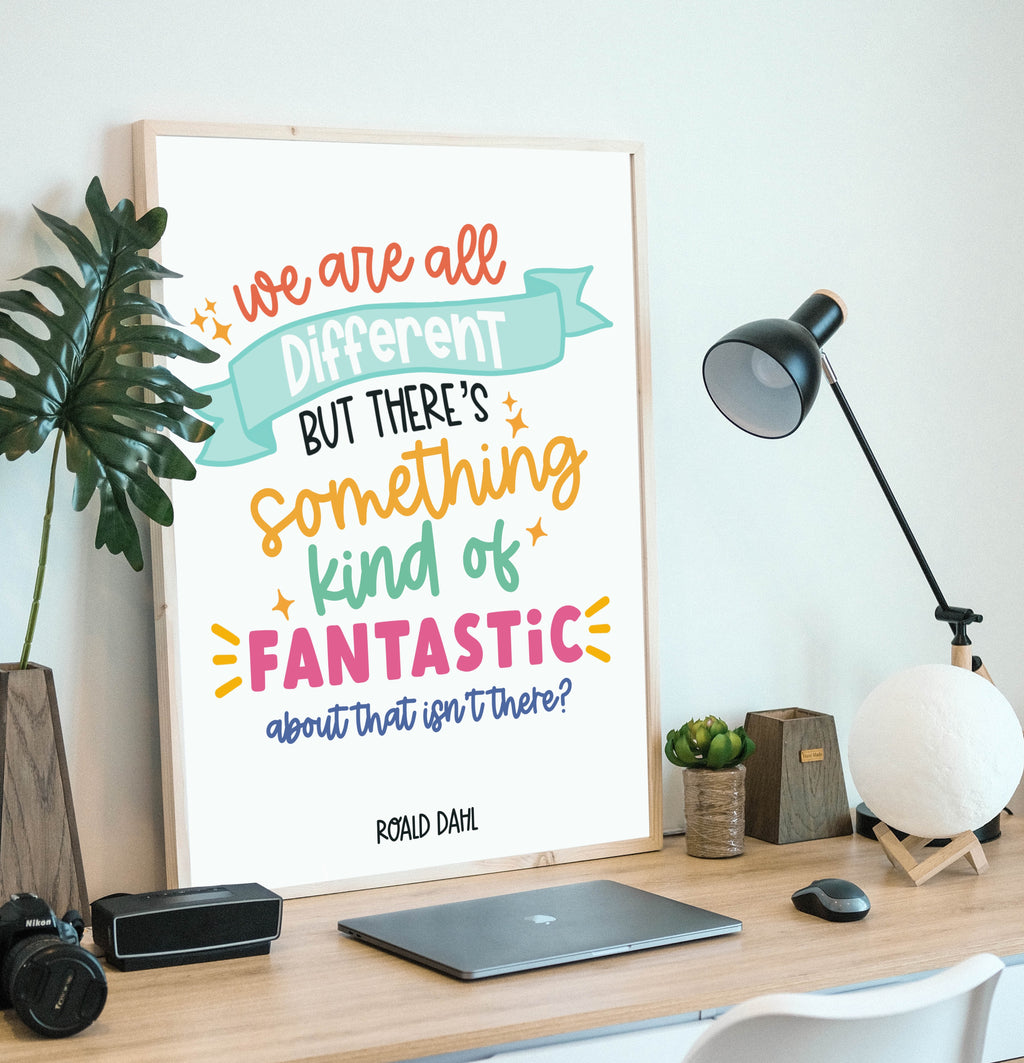 Illustrated Quote Artwork: Add a touch of whimsy to your walls with a framed Roald Dahl quote print: "We are all different, but there’s something kind of fantastic about that, isn’t there?" - Fantastic Mr Fox.