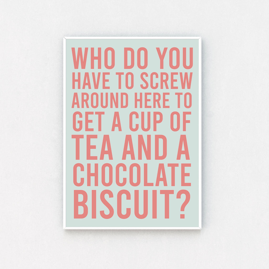 "Close-up of framed print: Cheeky quote framed in blue, bold pink typography. Humorous decor that's both stylish and fun."